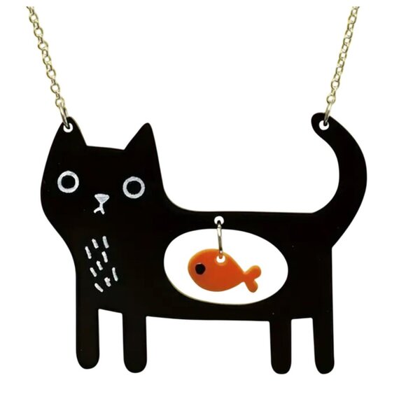 Other - Whimsical Acrylic Kitty Cat Necklace with Fish in Belly Pendant Silver Tone